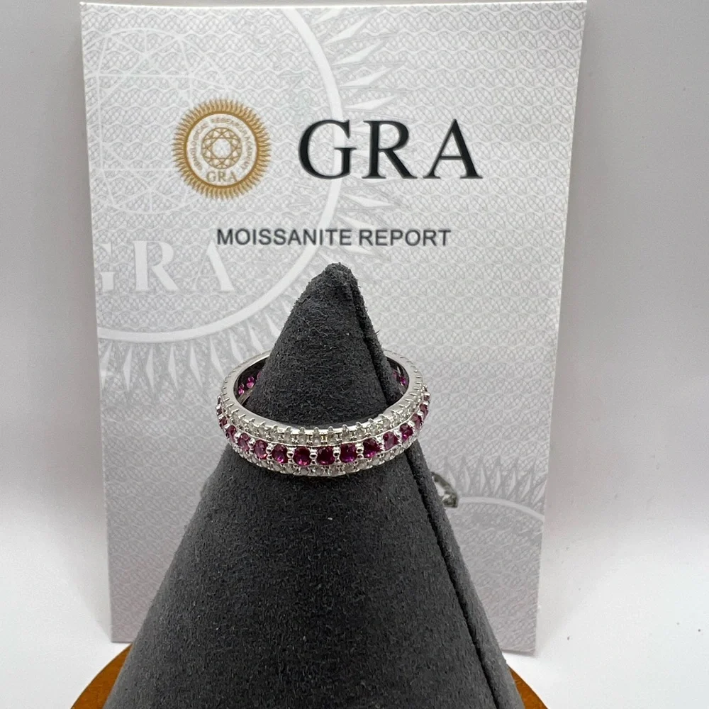 NWT Certified S925 Silver 3-Row Moissanite Ruby Inlaid Full Ring